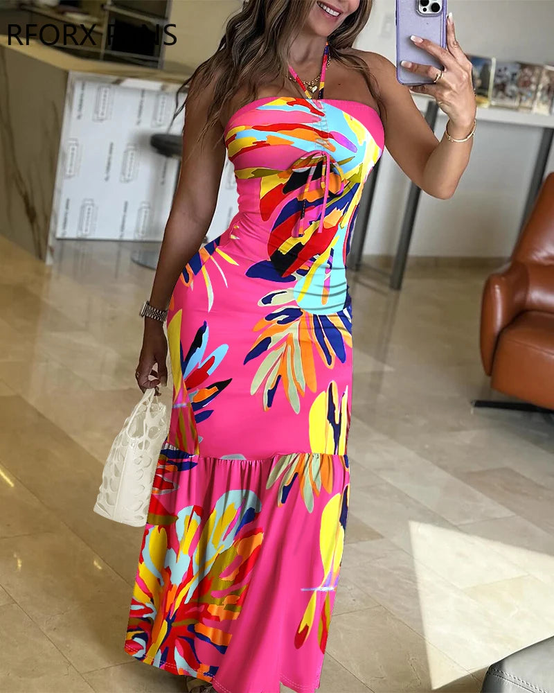 Women Shirring Lace Up Halter Sexy All Over Print Sleeveless Bodycon Sexy Maxi Party Dress