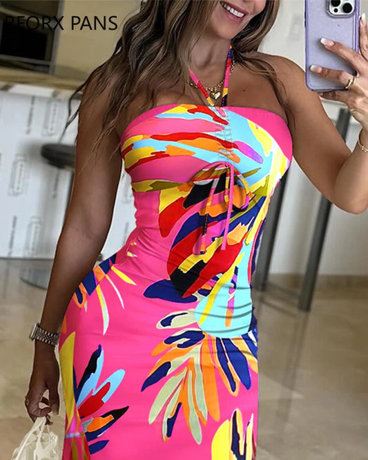 Women Shirring Lace Up Halter Sexy All Over Print Sleeveless Bodycon Sexy Maxi Party Dress